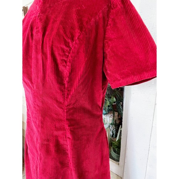 Vintage 1970s Red Corduroy Fitted Dress Size M - Picture 10 of 15